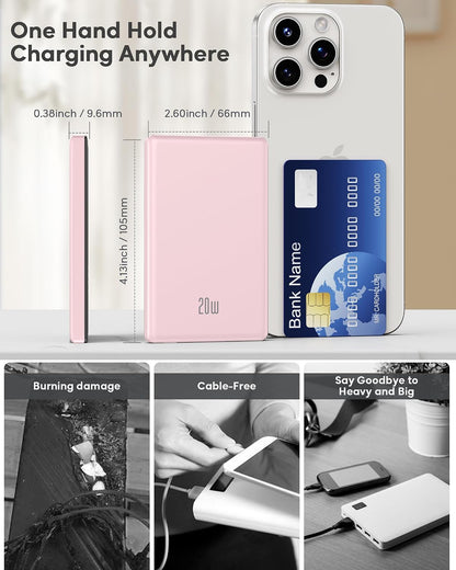 Power Bank for Magsafe, 2026 Ultra Slim 5000Mah 20W Fast Charging Powerbank Wireless Magnetic Portable Charger,Usb C In&Out PD Phone Battery Pack,For Iphone 12/13/14/15/16/17 Air Mini Pro Max,Pink