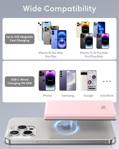 Power Bank for Magsafe, 2026 Ultra Slim 5000Mah 20W Fast Charging Powerbank Wireless Magnetic Portable Charger,Usb C In&Out PD Phone Battery Pack,For Iphone 12/13/14/15/16/17 Air Mini Pro Max,Pink