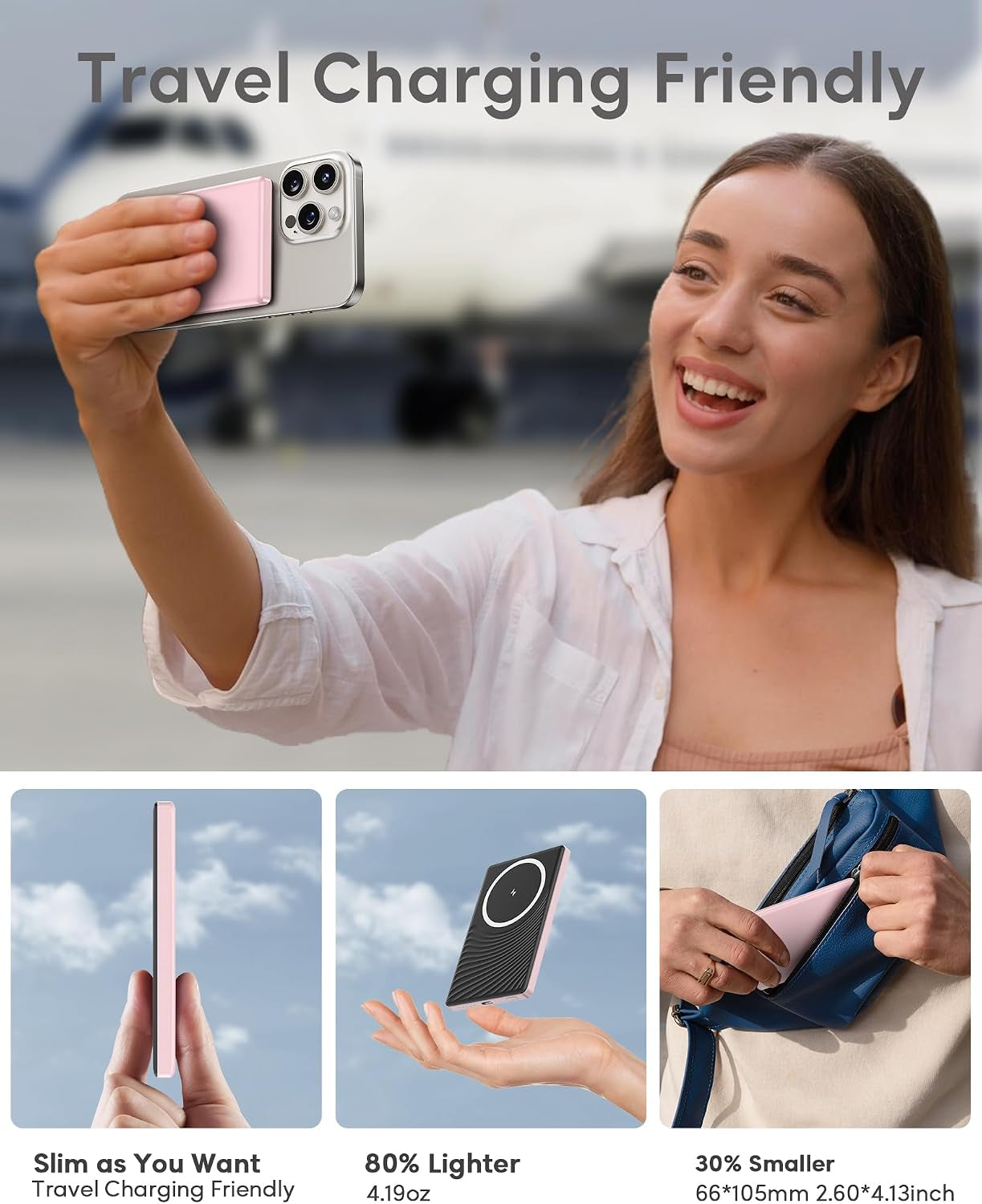 MagSnap Slim Portable Charger - Pink, attached to iPhone